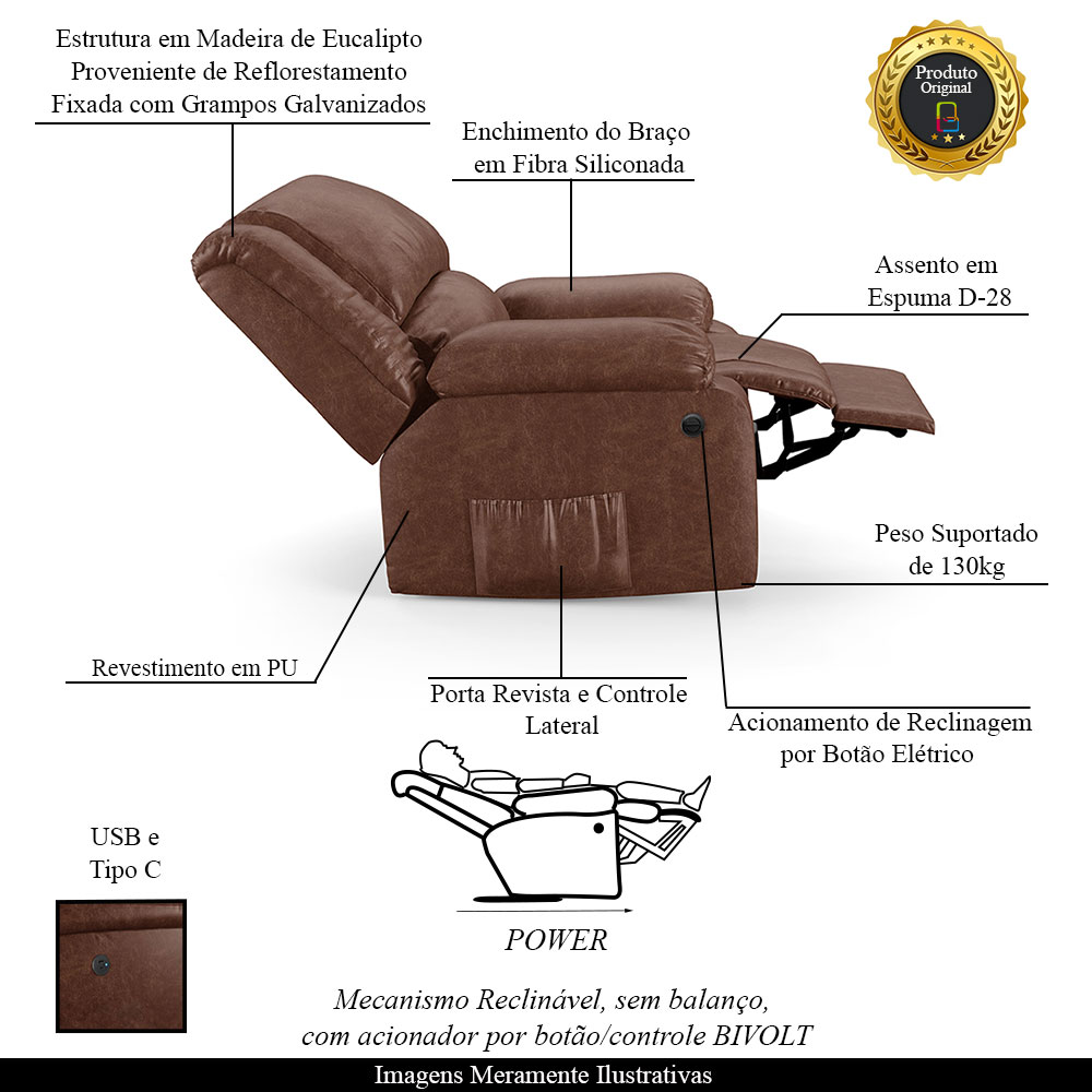 Poltrona do Papai Reclinável Sala de Cinema Madrid Power Elétrica USB PU Marrom Brilho  G26