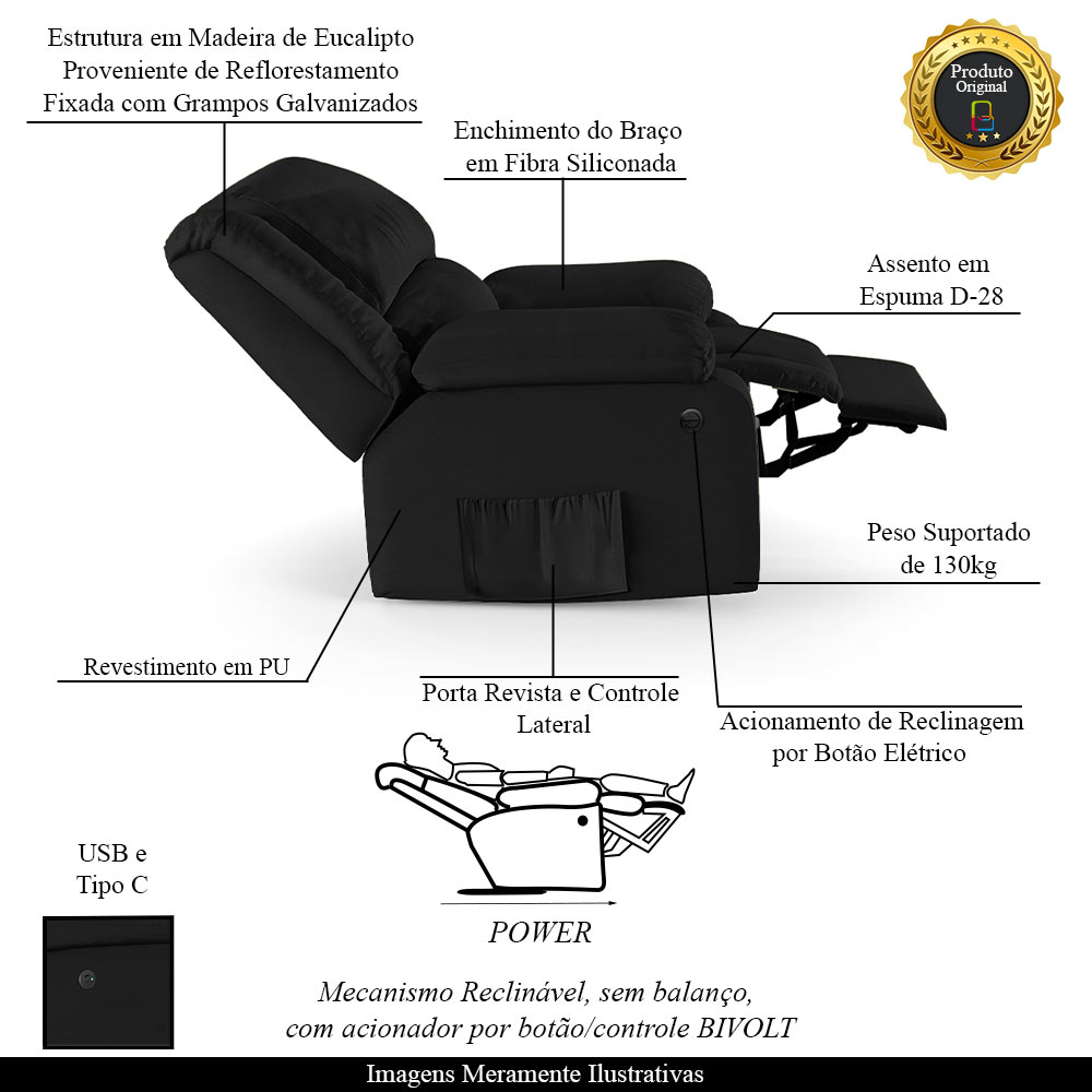 Poltrona do Papai Reclinável Sala de Cinema Madrid Power Elétrica USB PU Preto  G23