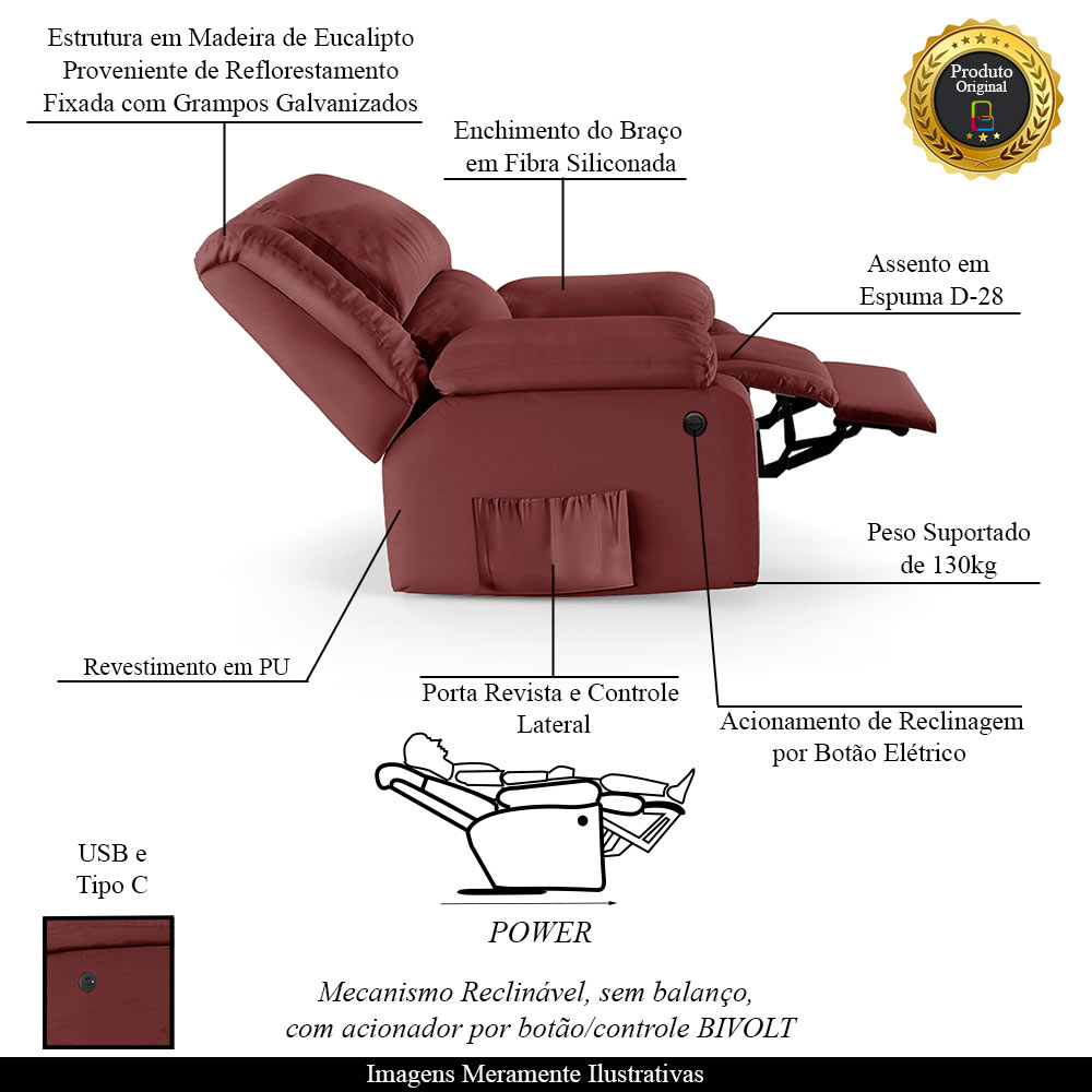 Poltrona do Papai Reclinável Sala de Cinema Madrid Power Elétrica USB PU Vermelho  G23