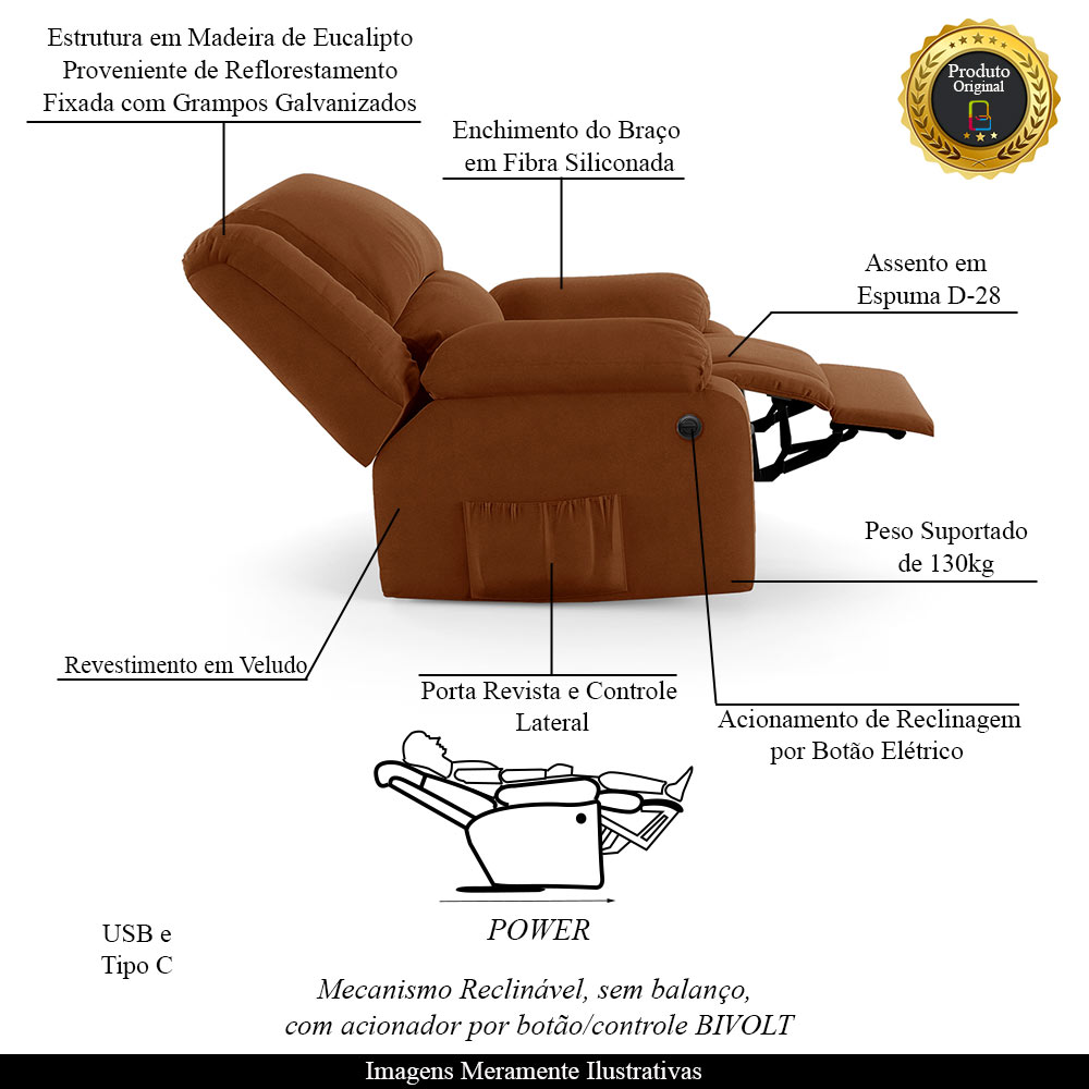 Poltrona do Papai Reclinável Sala de Cinema Madrid Power Elétrica USB Veludo Terracota  G23