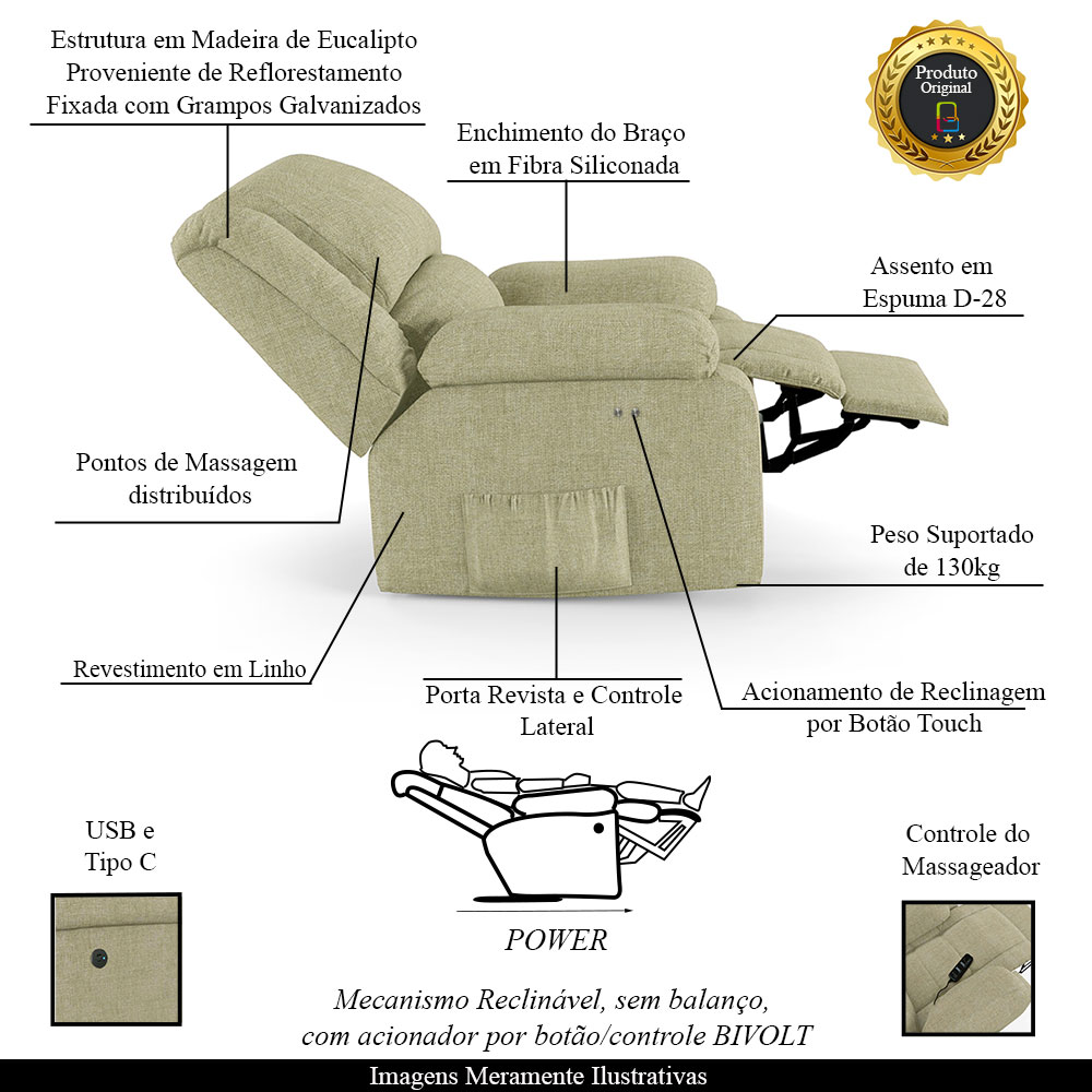 Poltrona do Papai Reclinável Sala de Cinema Madrid Power Touch Massagem USB Linho Bege  G26