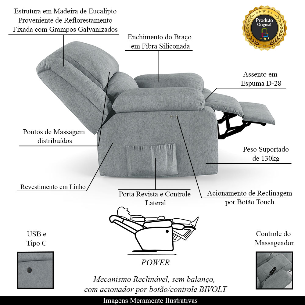 Poltrona do Papai Reclinável Sala de Cinema Madrid Power Touch Massagem USB Linho Cinza  G26