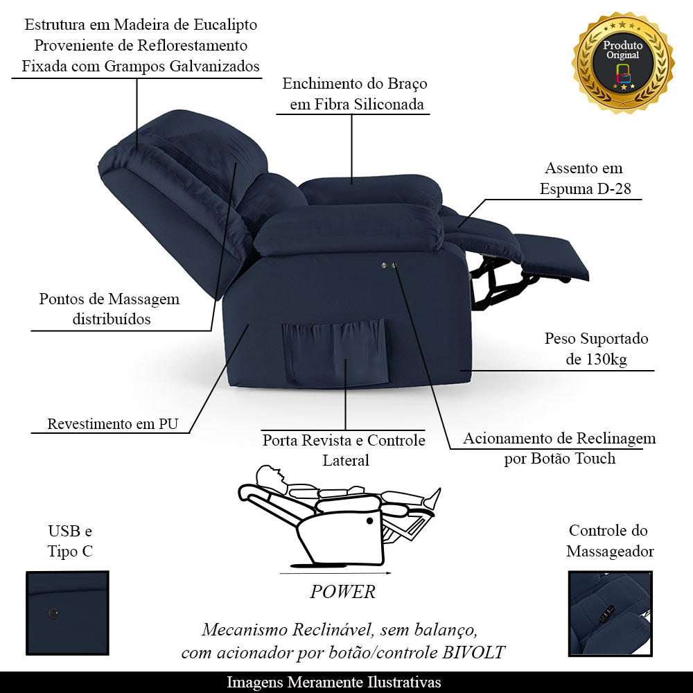 Poltrona do Papai Reclinável Sala de Cinema Madrid Power Touch Massagem USB PU Azul  G23