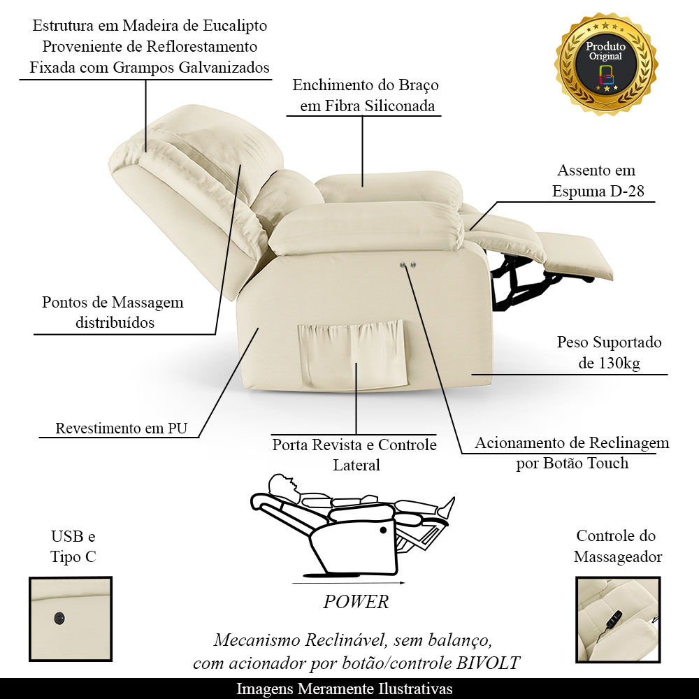Poltrona do Papai Reclinável Sala de Cinema Madrid Power Touch Massagem USB PU Bege  G26