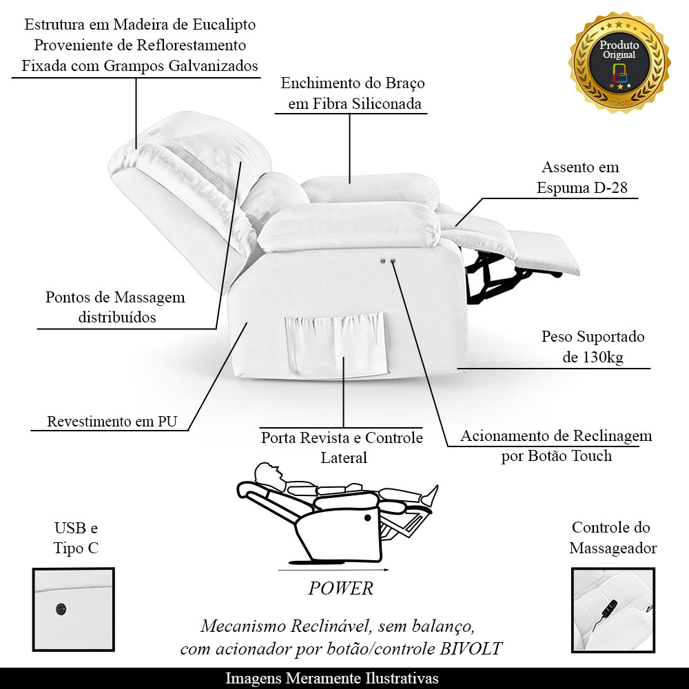 Poltrona do Papai Reclinável Sala de Cinema Madrid Power Touch Massagem USB PU Branco  G23