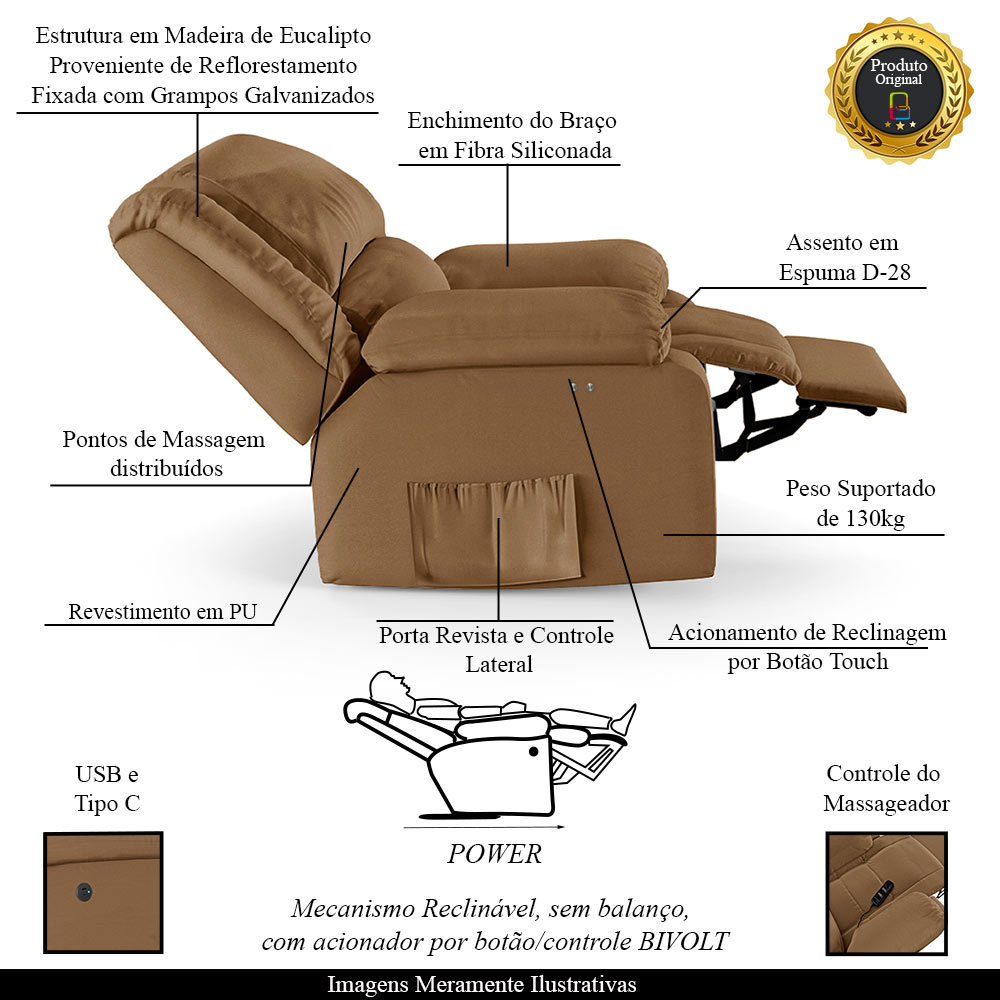 Poltrona do Papai Reclinável Sala de Cinema Madrid Power Touch Massagem USB PU Caramelo  G23