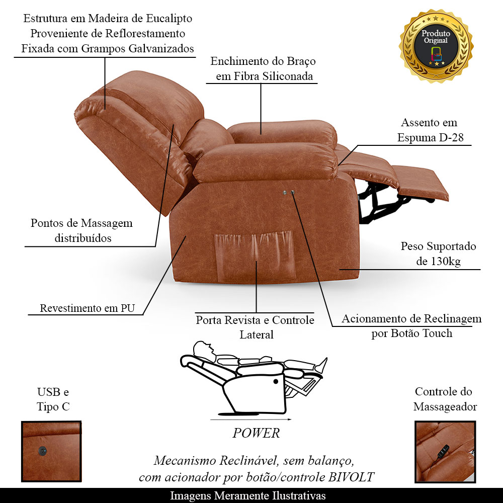Poltrona do Papai Reclinável Sala de Cinema Madrid Power Touch Massagem USB PU Caramelo Brilho  G26