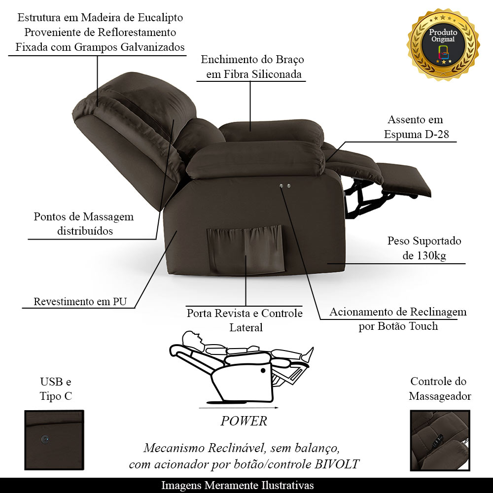 Poltrona do Papai Reclinável Sala de Cinema Madrid Power Touch Massagem USB PU Marrom  G23