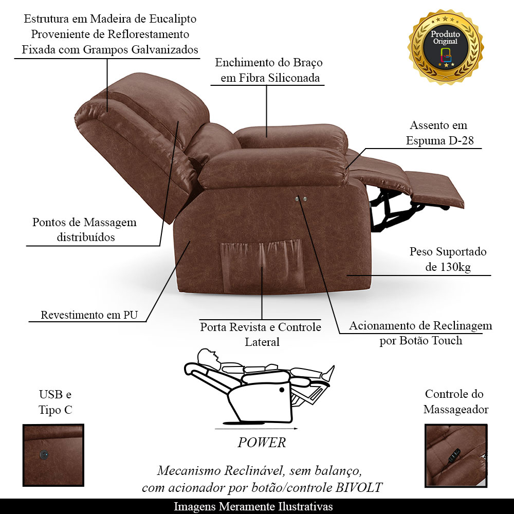 Poltrona do Papai Reclinável Sala de Cinema Madrid Power Touch Massagem USB PU Marrom Brilho  G26