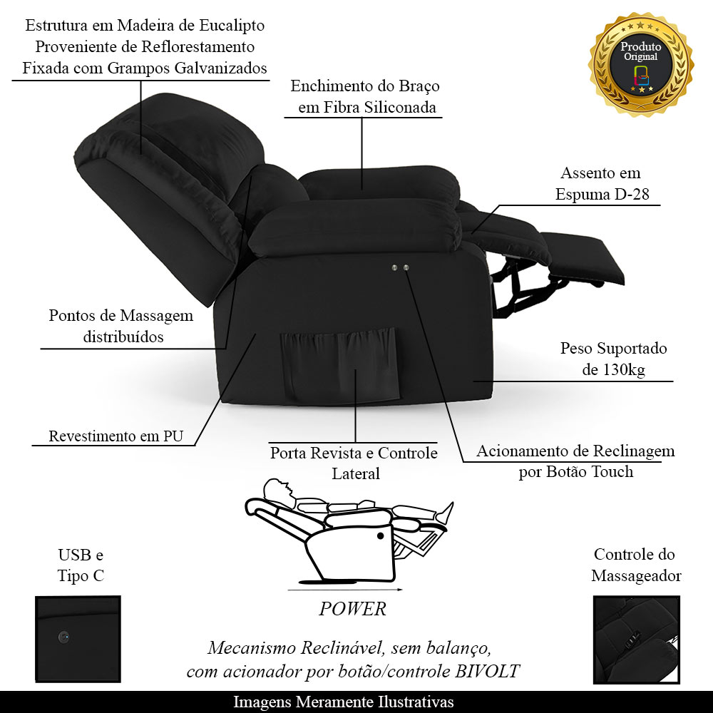 Poltrona do Papai Reclinável Sala de Cinema Madrid Power Touch Massagem USB PU Preto  G23
