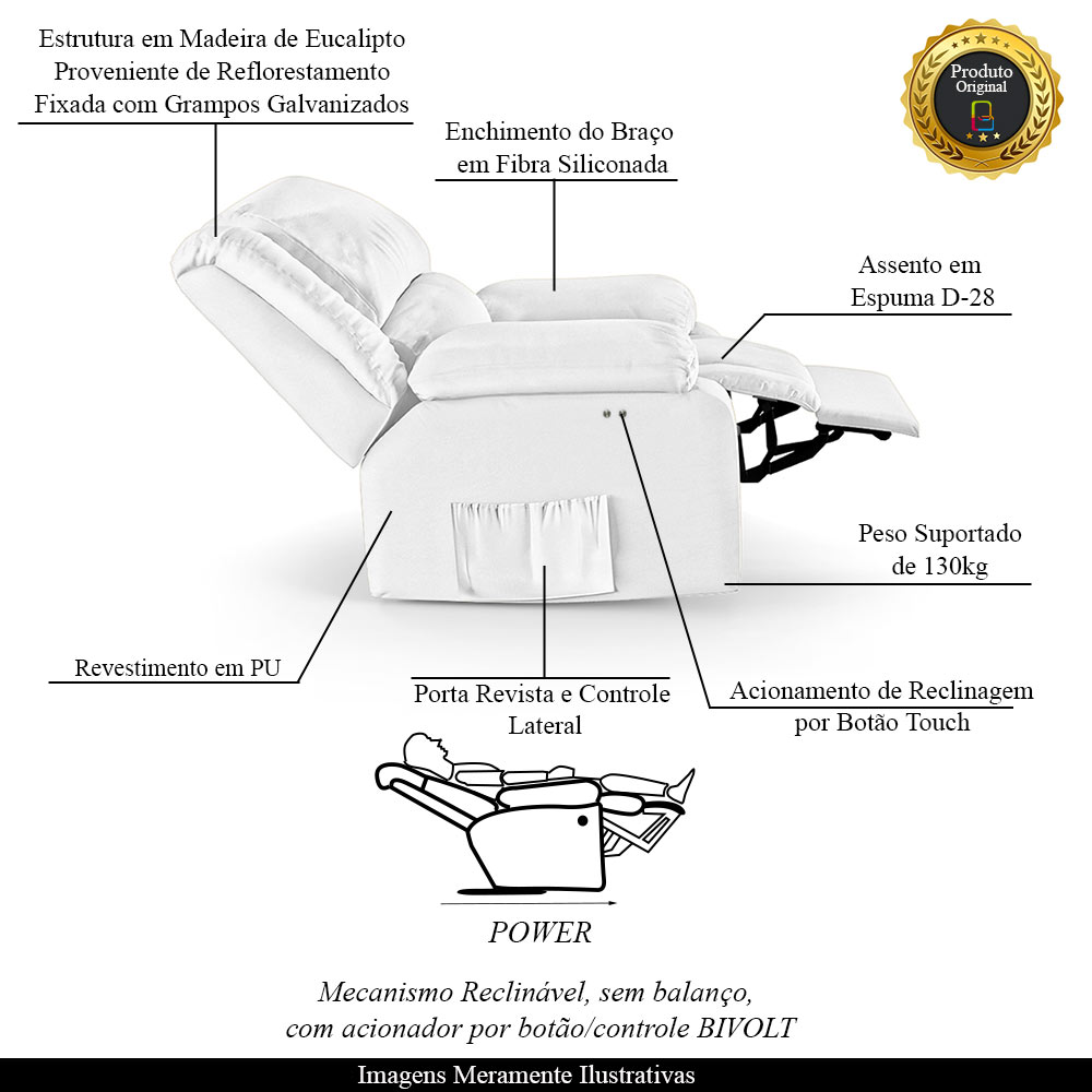 Poltrona do Papai Reclinável Sala de Cinema Madrid Power Touch PU Branco  G23