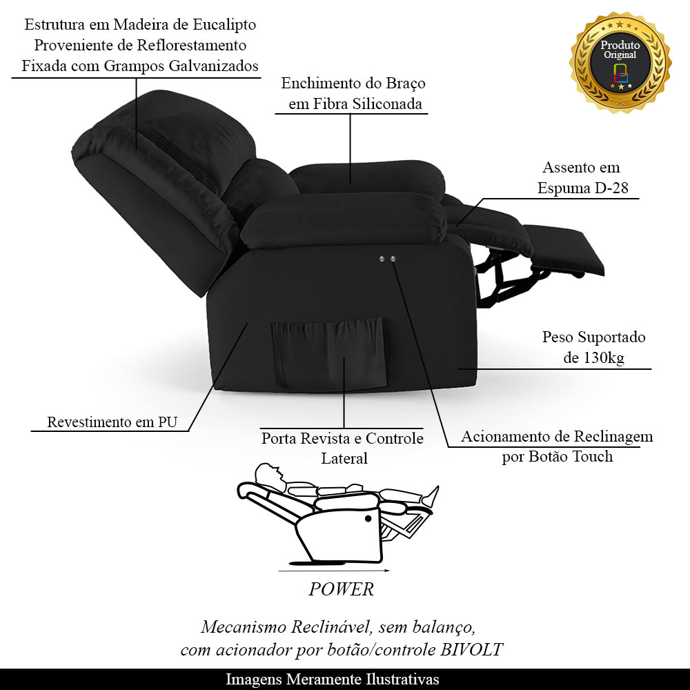 Poltrona do Papai Reclinável Sala de Cinema Madrid Power Touch PU Preto  G23