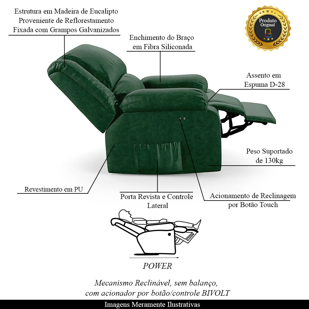 Poltrona do Papai Reclinável Sala de Cinema Madrid Power Touch PU Verde Musgo  G26