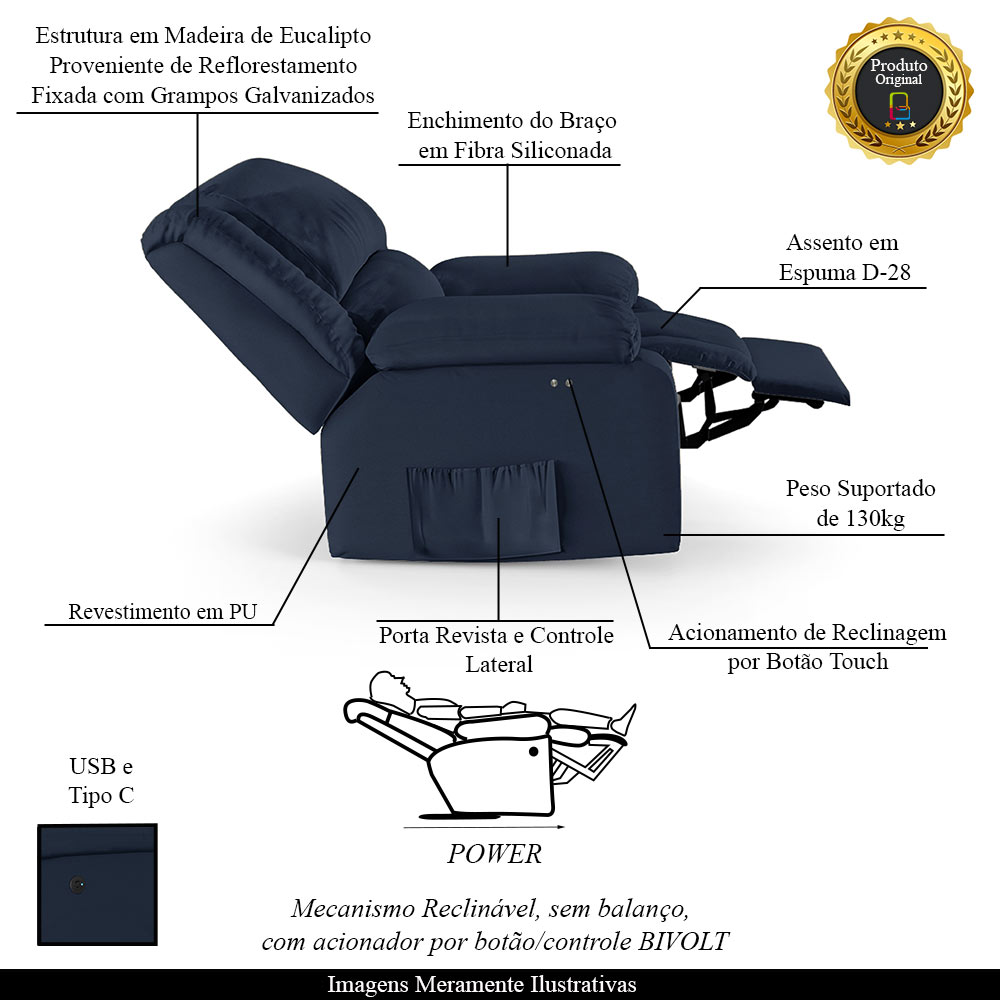 Poltrona do Papai Reclinável Sala de Cinema Madrid Power Touch USB PU Azul  G23