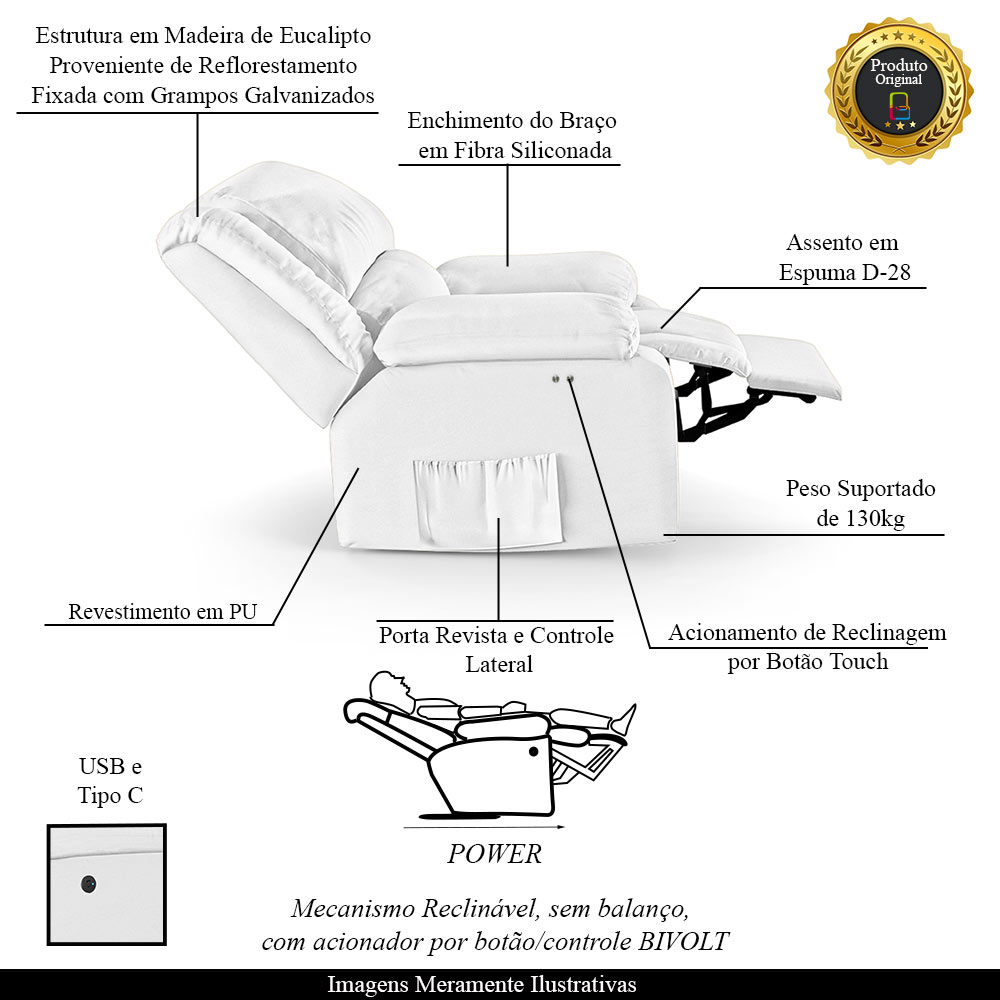 Poltrona do Papai Reclinável Sala de Cinema Madrid Power Touch USB PU Branco  G23