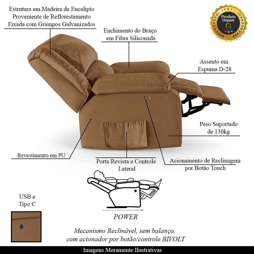 Poltrona do Papai Reclinável Sala de Cinema Madrid Power Touch USB PU Caramelo  G23