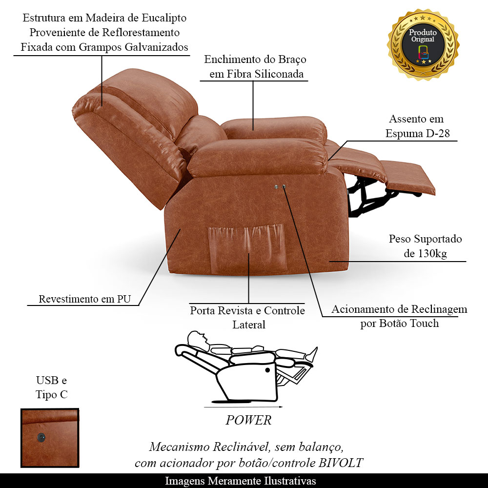 Poltrona do Papai Reclinável Sala de Cinema Madrid Power Touch USB PU Caramelo Brilho  G26