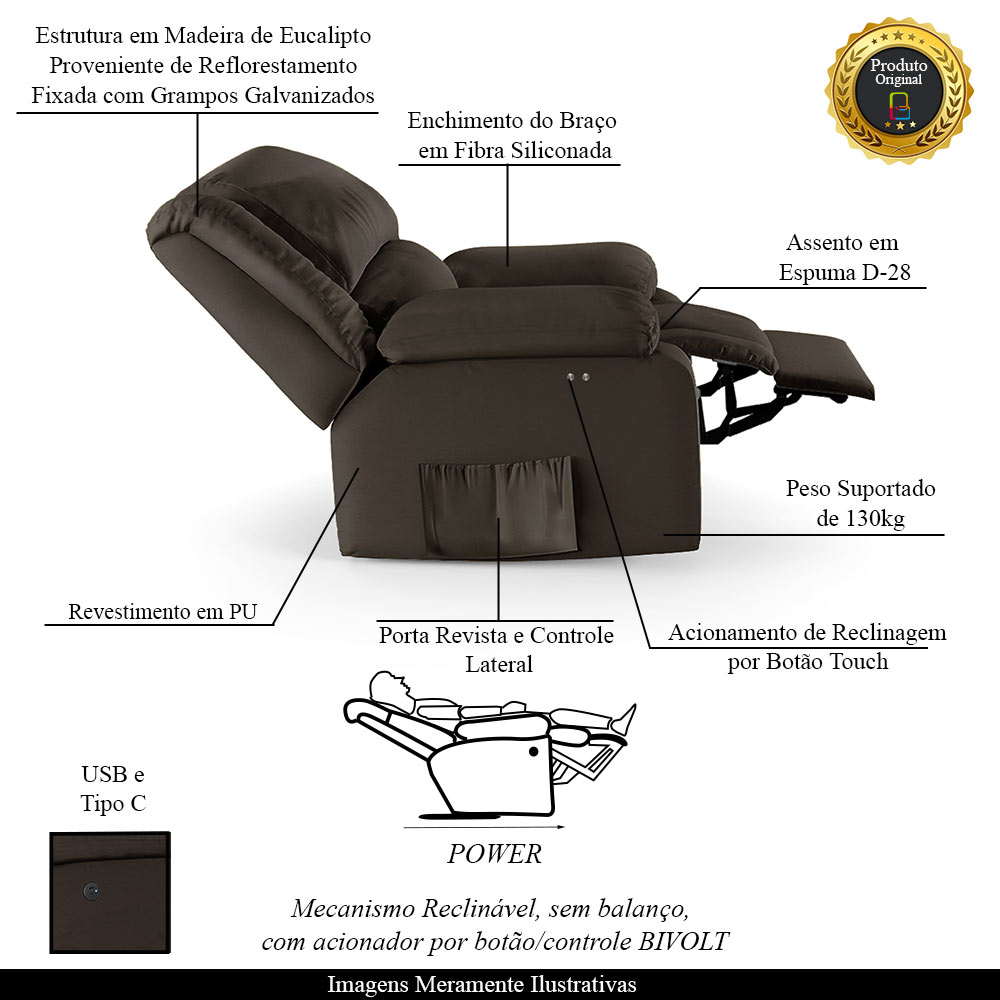 Poltrona do Papai Reclinável Sala de Cinema Madrid Power Touch USB PU Marrom  G23