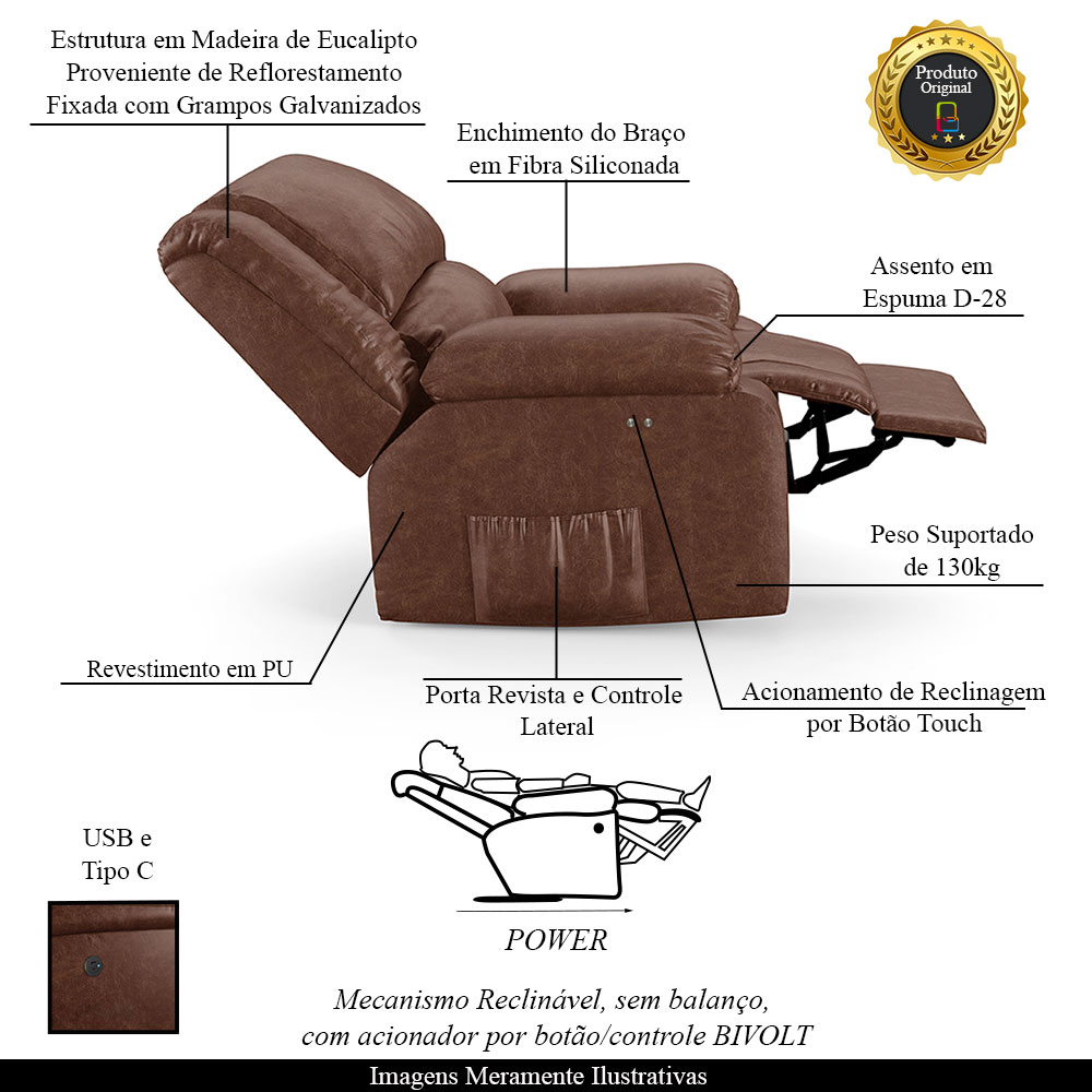 Poltrona do Papai Reclinável Sala de Cinema Madrid Power Touch USB PU Marrom Brilho  G26