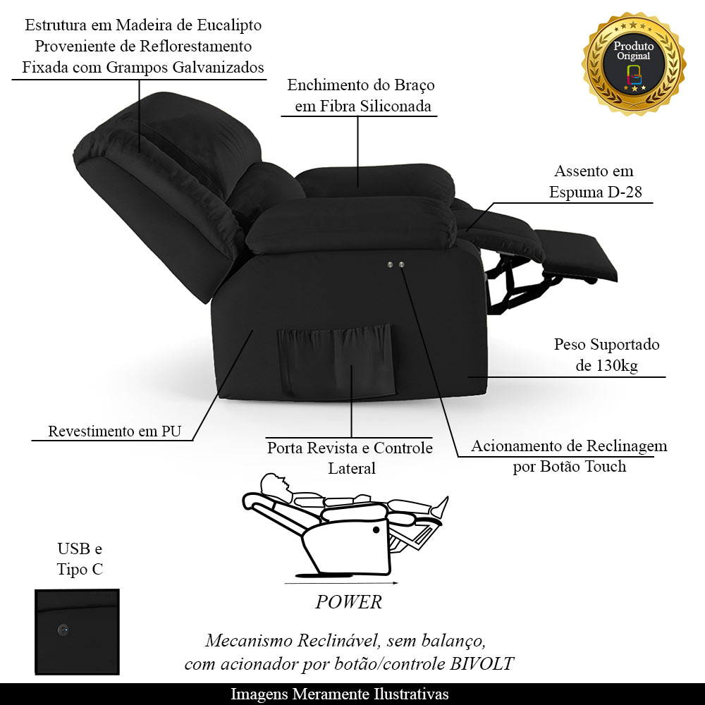 Poltrona do Papai Reclinável Sala de Cinema Madrid Power Touch USB PU Preto  G23