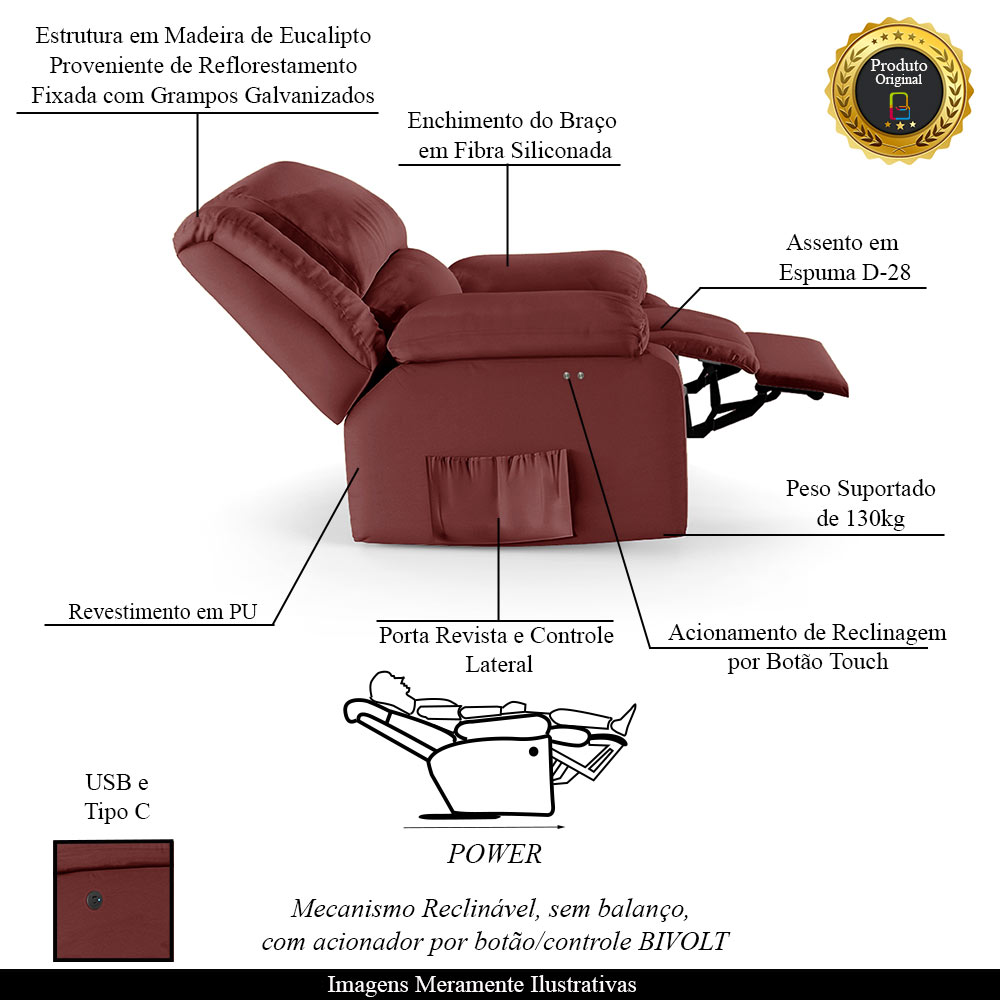 Poltrona do Papai Reclinável Sala de Cinema Madrid Power Touch USB PU Vermelho  G23