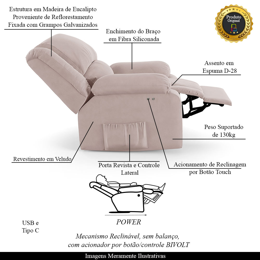 Poltrona do Papai Reclinável Sala de Cinema Madrid Power Touch USB Veludo Rosê  G23