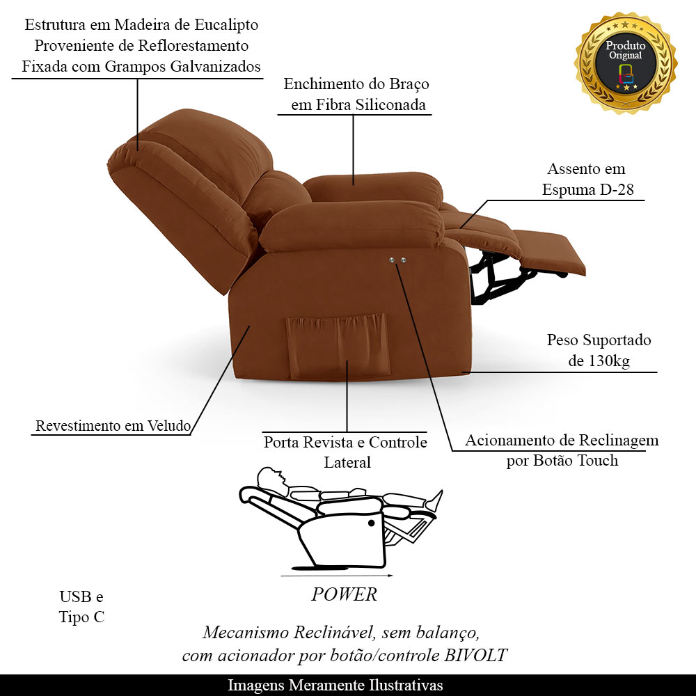 Poltrona do Papai Reclinável Sala de Cinema Madrid Power Touch USB Veludo Terracota  G23