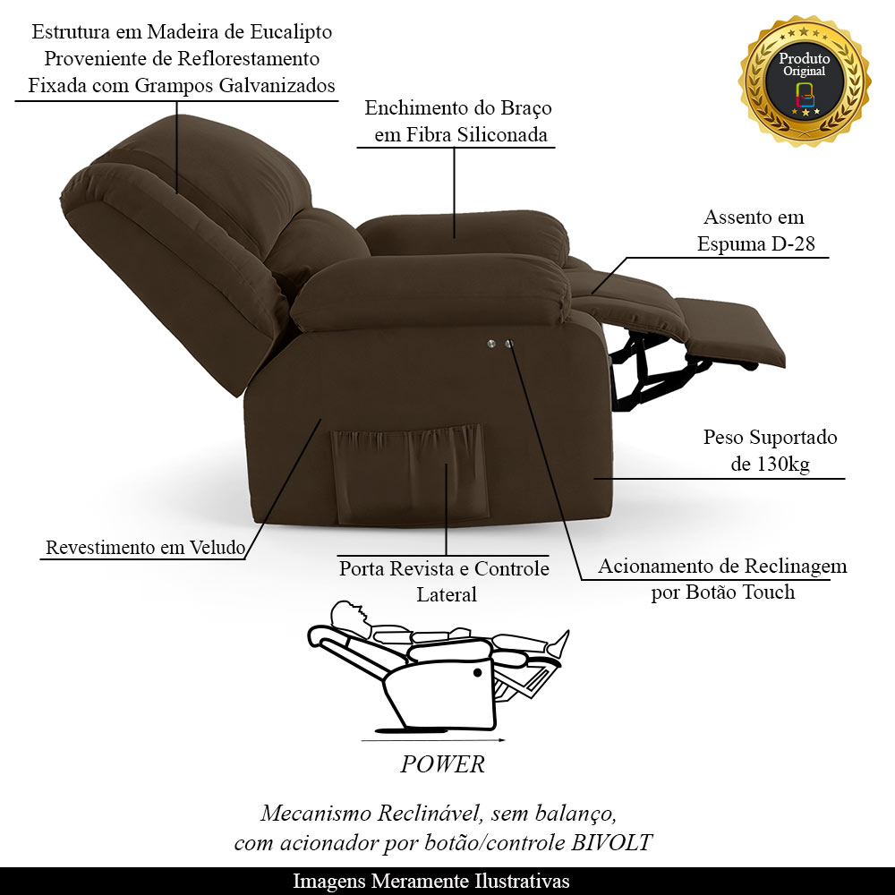 Poltrona do Papai Reclinável Sala de Cinema Madrid Power Touch Veludo Marrom  G23