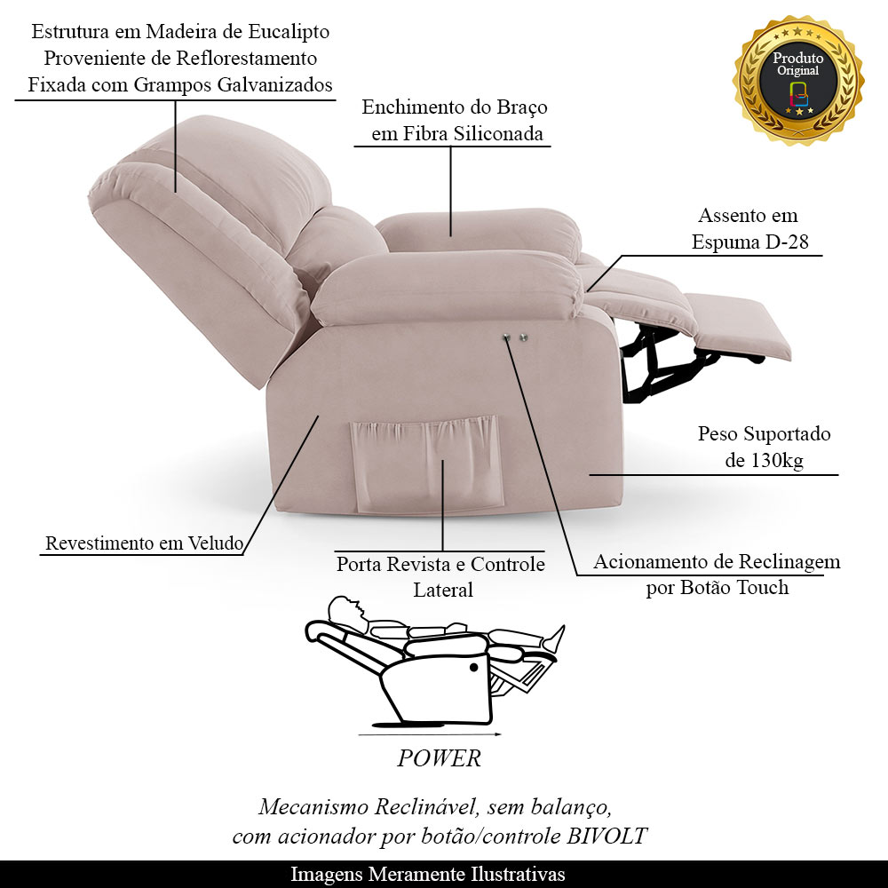 Poltrona do Papai Reclinável Sala de Cinema Madrid Power Touch Veludo Rosê  G23