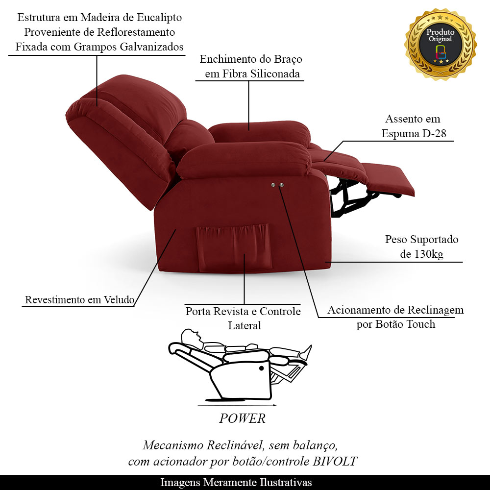 Poltrona do Papai Reclinável Sala de Cinema Madrid Power Touch Veludo Vermelho  G23