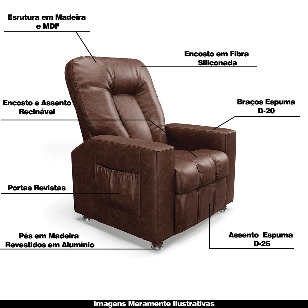Poltrona do Papai Reclinável Sala de Cinema Pequim Manual PU Marrom G23 - Gran Belo