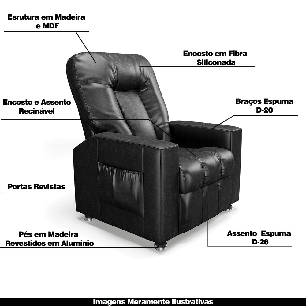 Poltrona do Papai Reclinável Sala de Cinema Pequim Manual PU Preto G23 - Gran Belo
