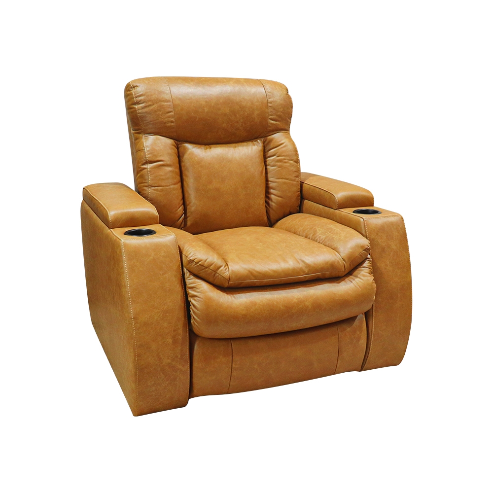 Poltrona do Papai Reclinável Sala de Cinema Yellowstone Elétrica Porta-Copos LED Couro Caramelo G86 - Gran Belo