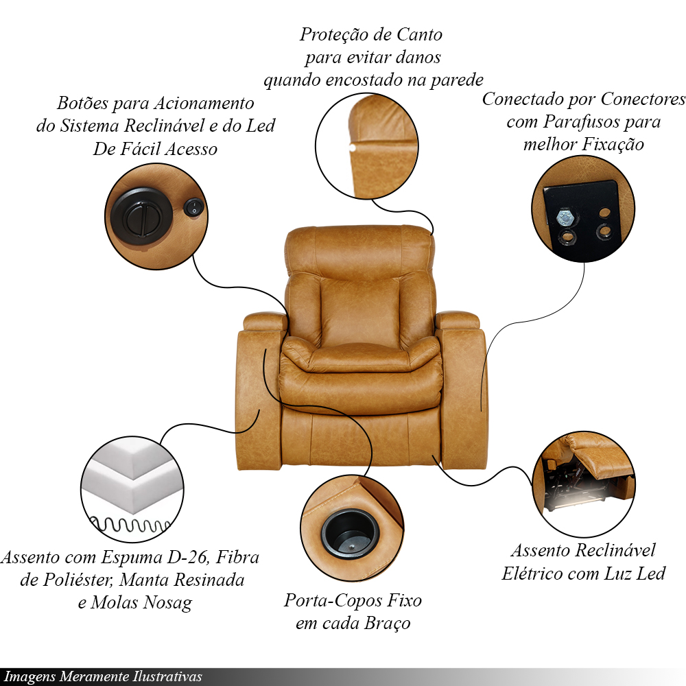Poltrona do Papai Reclinável Sala de Cinema Yellowstone Elétrica Porta-Copos LED Couro Caramelo G86 - Gran Belo