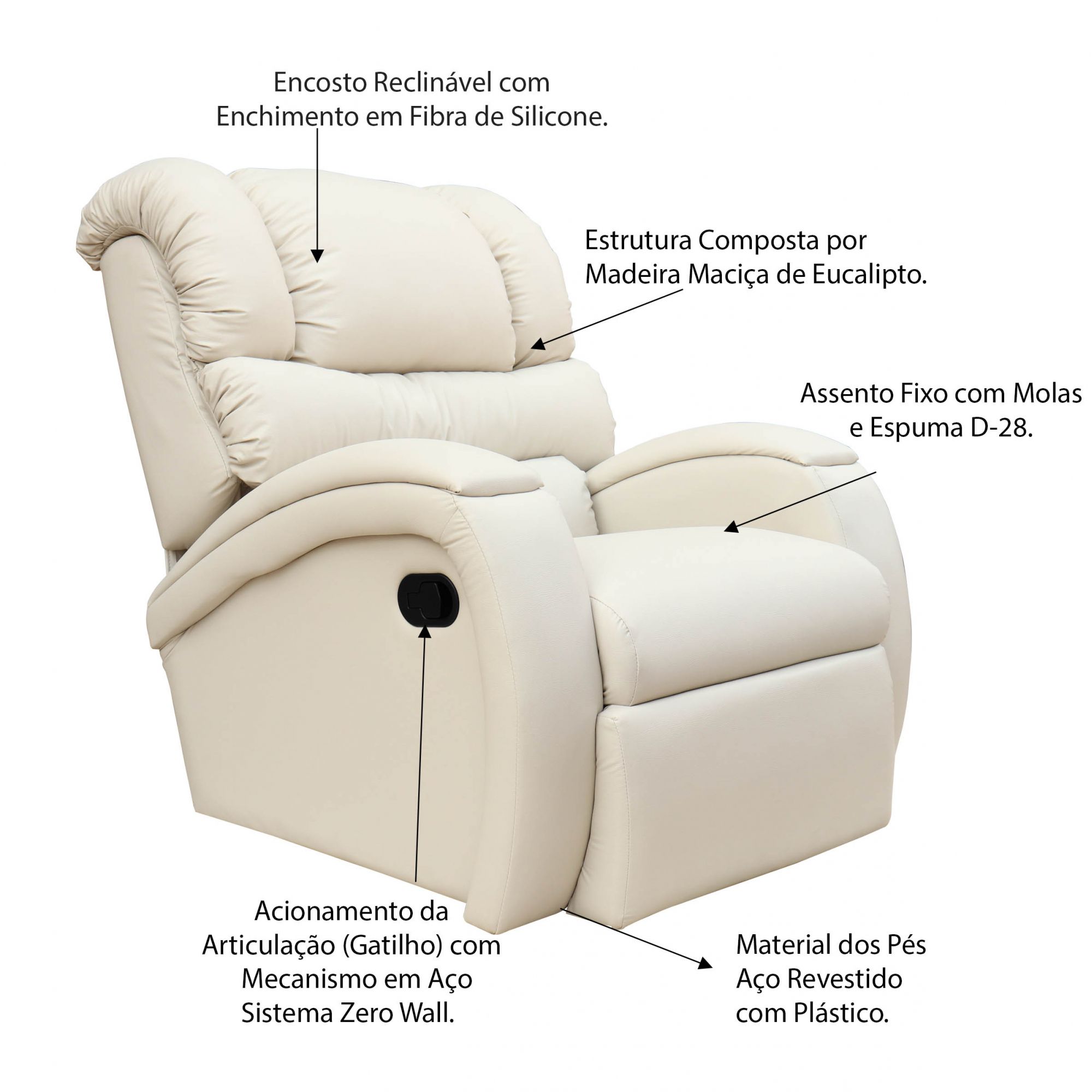 Poltrona do Papai Reclinável Zero Wall com Gatilho Oasis PU Sintético Bege - Gran Belo