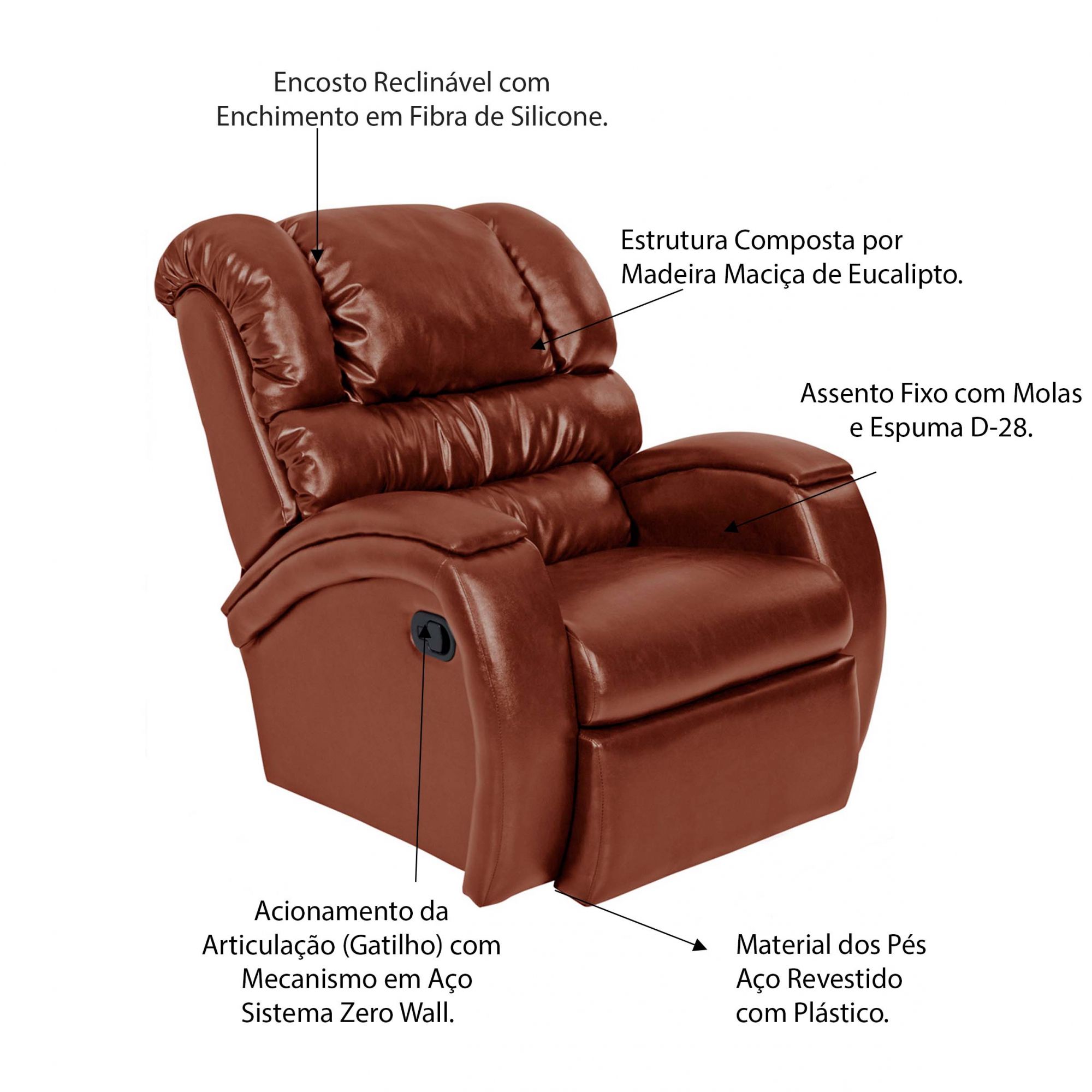 Poltrona do Papai Reclinável Zero Wall com Gatilho Oasis PU Sintético Caramelo Brilho G23 - Gran Belo