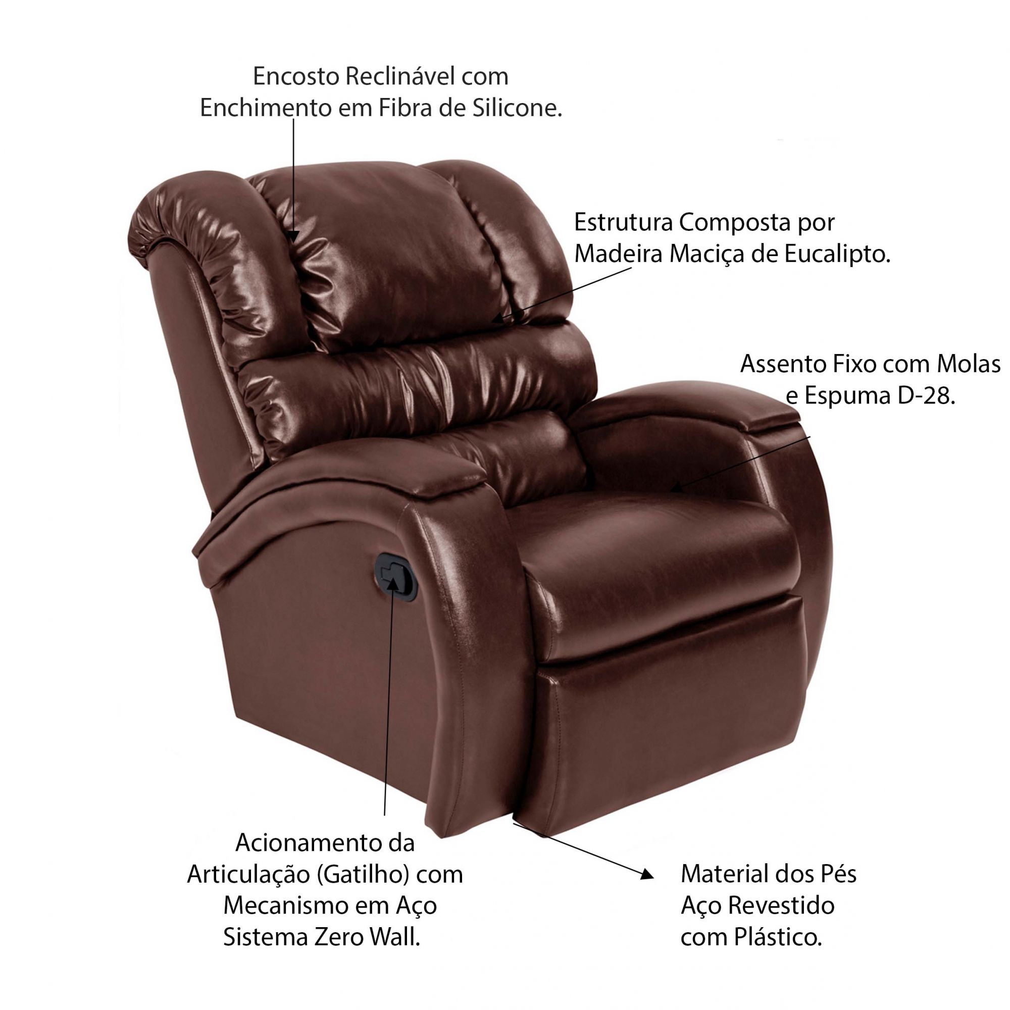 Poltrona do Papai Reclinável Zero Wall com Gatilho Oasis PU Sintético Marrom Brilho G23 - Gran Belo