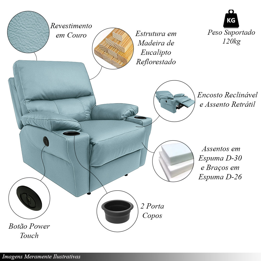 Poltrona do Papai Sala de Cinema Mia Reclinável Retrátil Power Elétrico Base Fixa Couro Azul Celeste G40 - Gran Belo