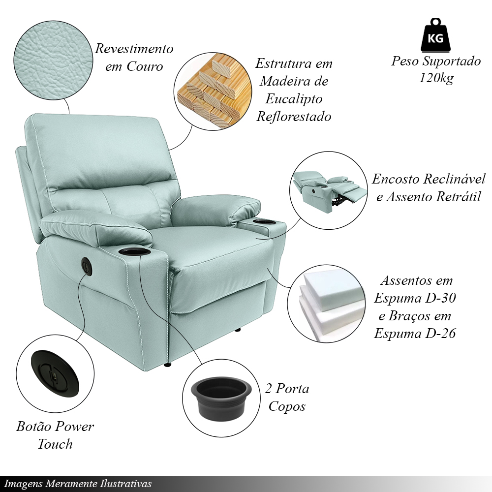Poltrona do Papai Sala de Cinema Mia Reclinável Retrátil Power Elétrico Base Fixa Couro Azul Claro G40 - Gran Belo