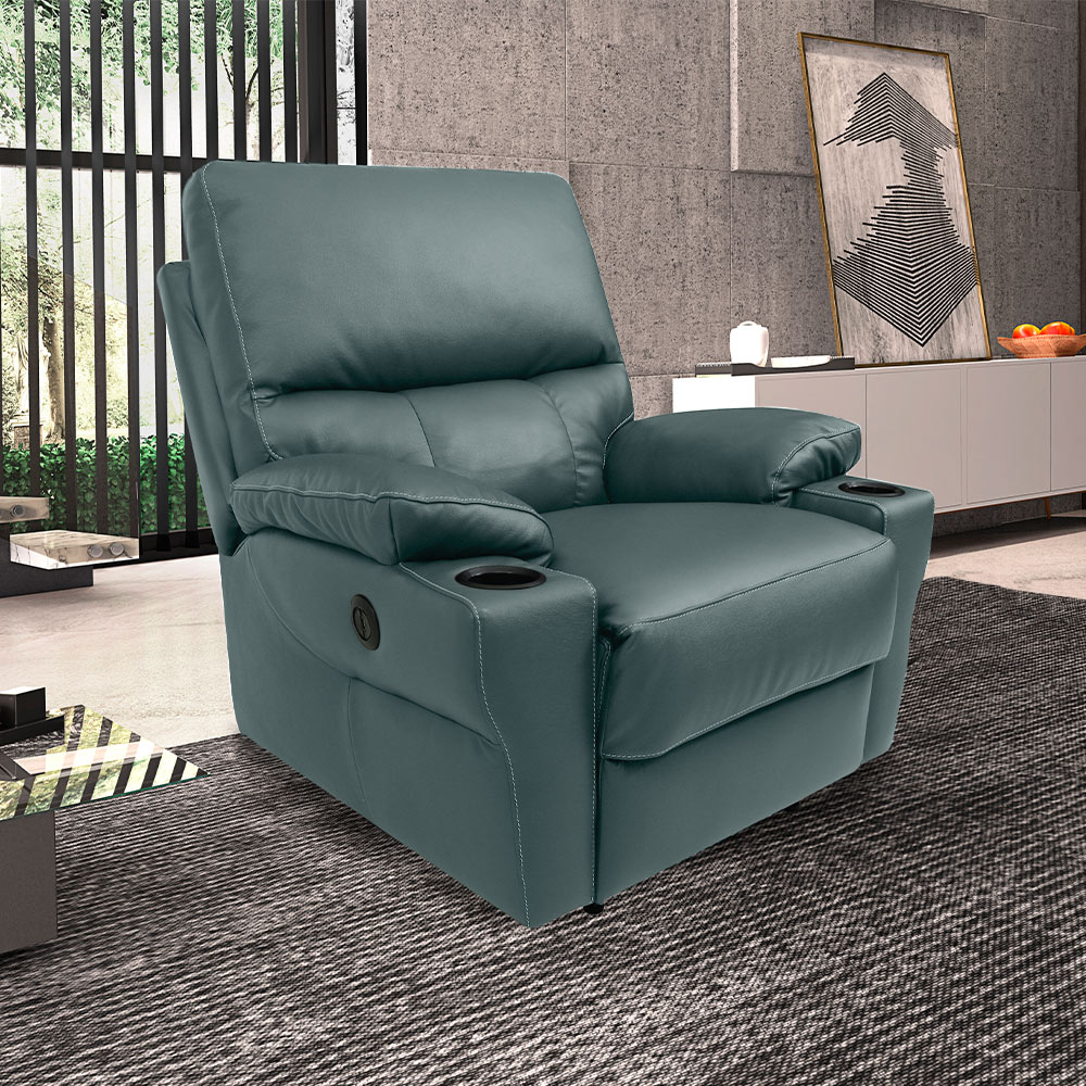 Poltrona do Papai Sala de Cinema Mia Reclinável Retrátil Power Elétrico Base Fixa Couro Azul Majestic G40 - Gran Belo