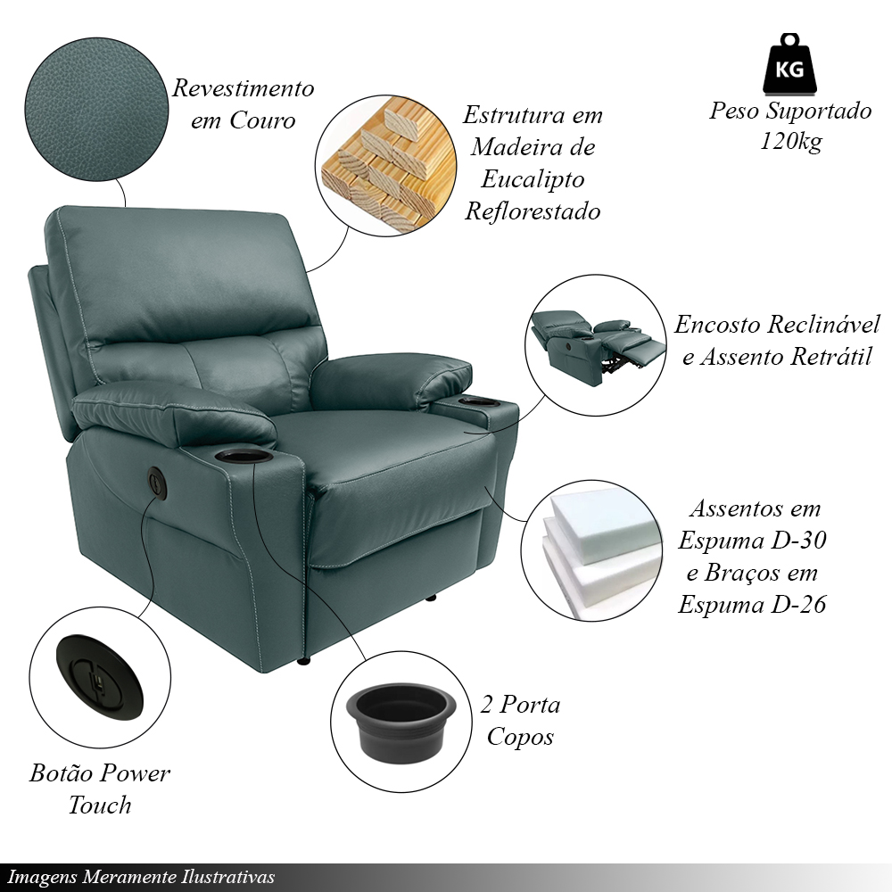 Poltrona do Papai Sala de Cinema Mia Reclinável Retrátil Power Elétrico Base Fixa Couro Azul Majestic G40 - Gran Belo