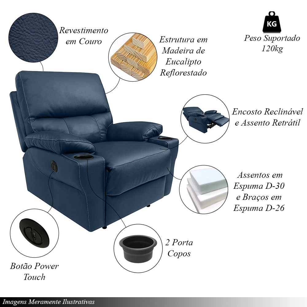 Poltrona do Papai Sala de Cinema Mia Reclinável Retrátil Power Elétrico Base Fixa Couro Azul Marinho Brilho G40 - Gran Belo