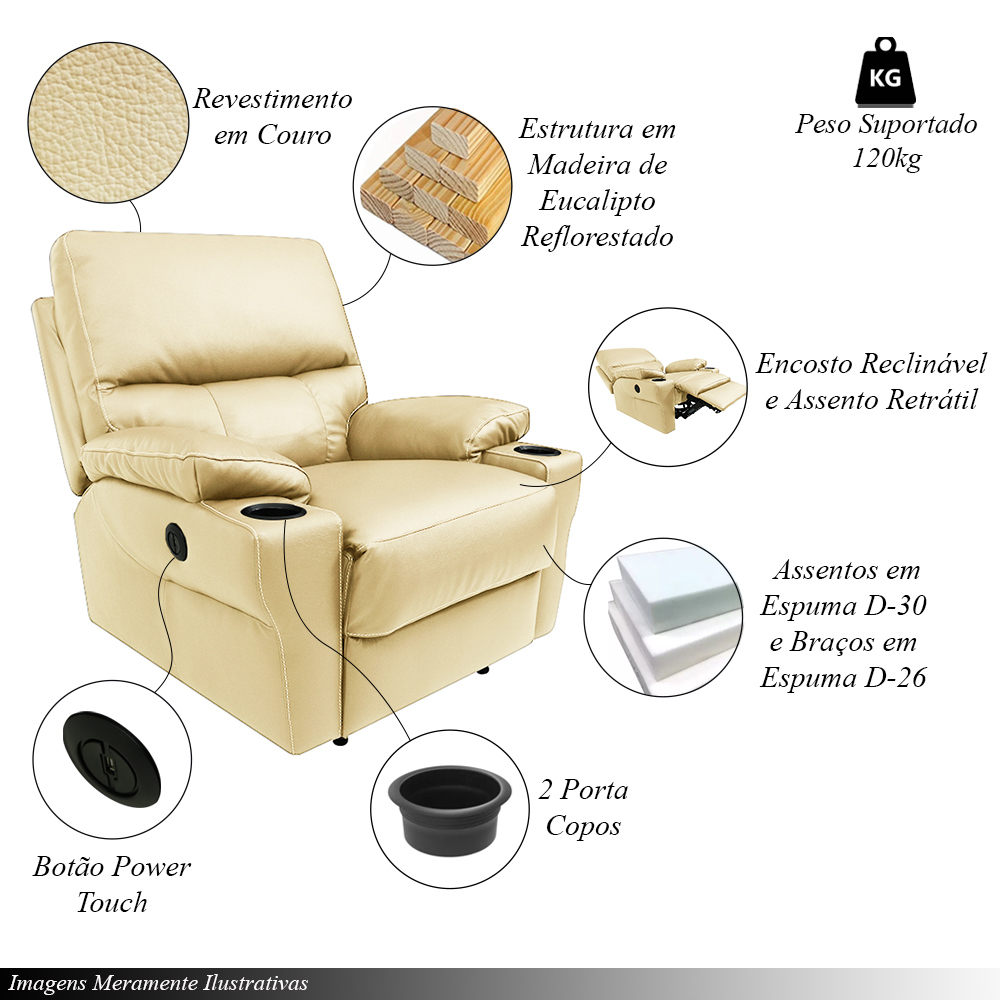 Poltrona do Papai Sala de Cinema Mia Reclinável Retrátil Power Elétrico Base Fixa Couro Creme G40 - Gran Belo