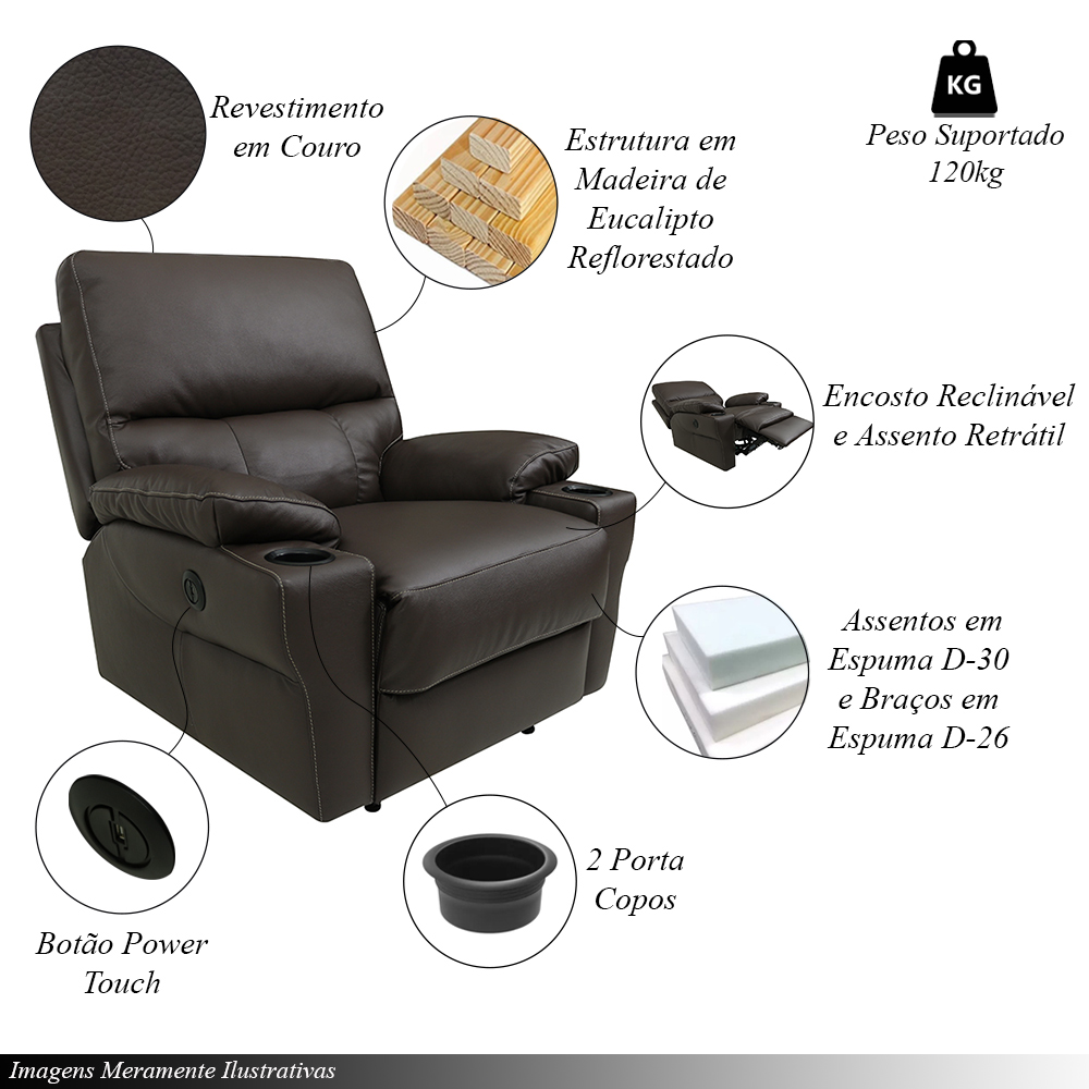 Poltrona do Papai Sala de Cinema Mia Reclinável Retrátil Power Elétrico Base Fixa Couro Marrom Capuccino G40 - Gran Belo