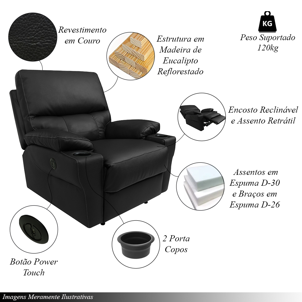 Poltrona do Papai Sala de Cinema Mia Reclinável Retrátil Power Elétrico Base Fixa Couro Preto G40 - Gran Belo