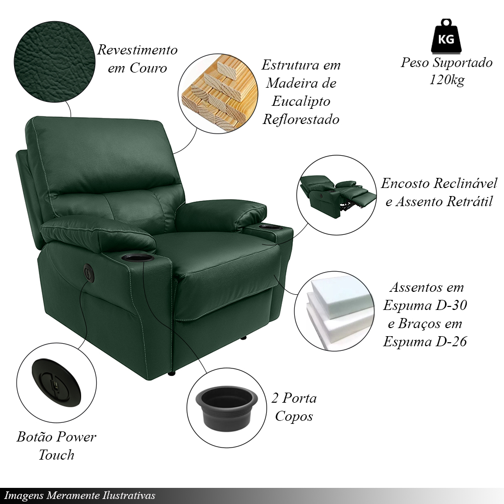 Poltrona do Papai Sala de Cinema Mia Reclinável Retrátil Power Elétrico Base Fixa Couro Verde Brilho G40 - Gran Belo