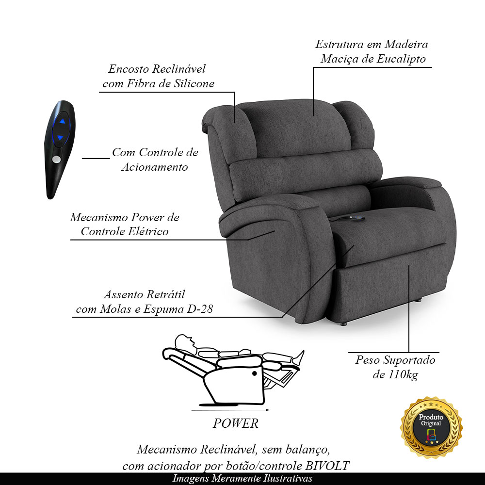 Poltrona do Papai Sala de Cinema Reclinável Kylie Controle Power Elétrico Linho Chumbo G23