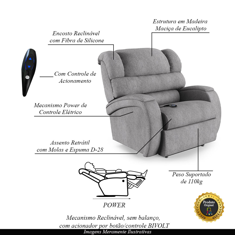 Poltrona do Papai Sala de Cinema Reclinável Kylie Controle Power Elétrico Linho Cinza G23