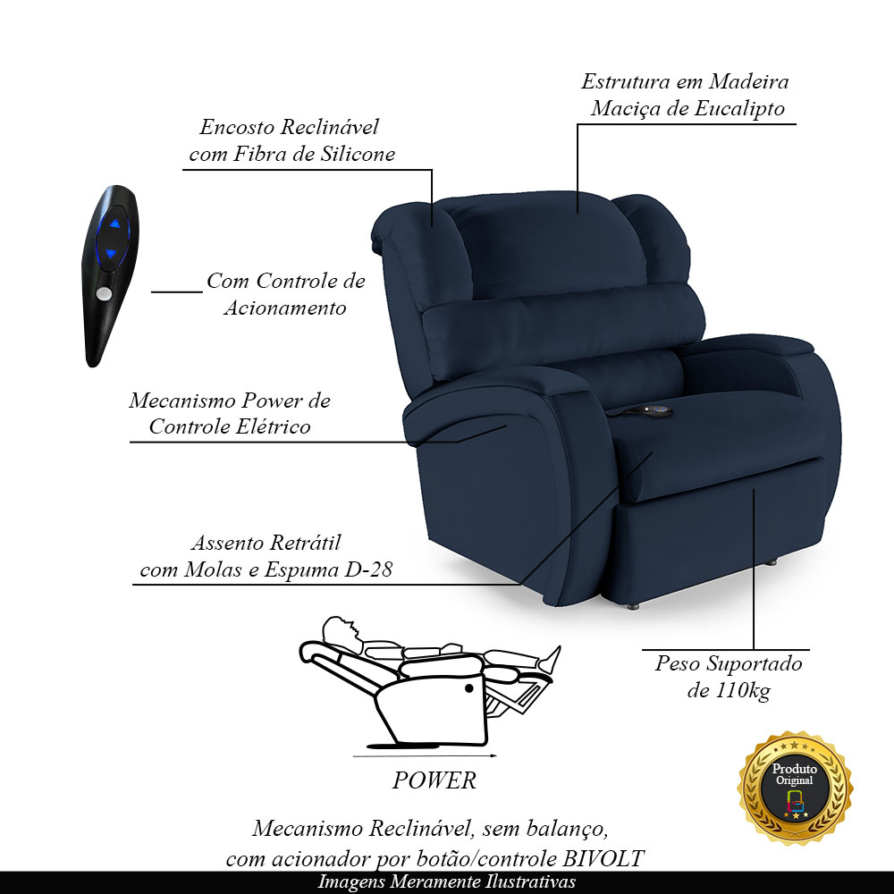 Poltrona do Papai Sala de Cinema Reclinável Kylie Controle Power Elétrico PU Azul G23