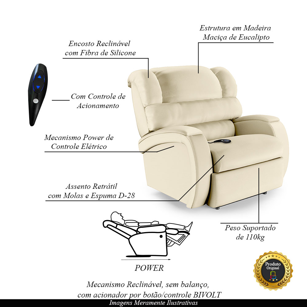 Poltrona do Papai Sala de Cinema Reclinável Kylie Controle Power Elétrico PU Bege G23